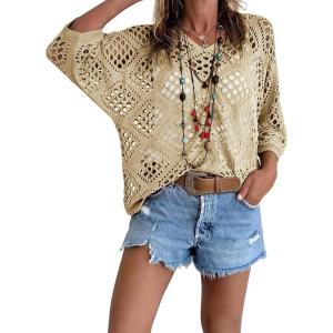Fisoew Womens Crochet Cover Up Tops Summer Short Sleeve Hollow Out Sweater Shirts Boho Beach Swimsuit Coverups(Khaki)