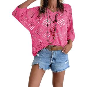 Fisoew Womens Crochet Cover Up Tops Summer Short Sleeve Hollow Out Sweater Shirts Boho Beach Swimsuit Coverups(Pink)