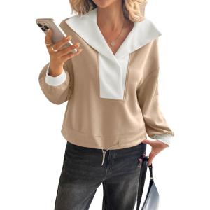 Fisoew Womens Cropped Oversized Sweatshirt Casual Lapel V Neck Long Sleeve Contrast Drawstring Loose Fit Fall Pullover Tops(Khaki)