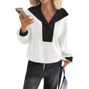 Fisoew Womens Cropped Oversized Sweatshirt Casual Lapel V Neck Long Sleeve Contrast Drawstring Loose Fit Fall Pullover Tops(White)