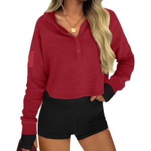 Fisoew Womens Cropped Sweatshirts Casual Henley Neck Snap Button Long Sleeve Ribbed Loose Fit Fall Crop Tops(Burgundy)