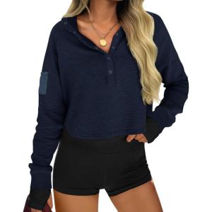 Fisoew Womens Cropped Sweatshirts Casual Henley Neck Snap Button Long Sleeve Ribbed Loose Fit Fall Crop Tops(Navy)