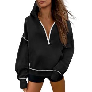 Fisoew Womens Half Zip Hoodies Casual Long Sleeve Oversized Fall Sweatshirts Contrast Stitch Loose Pullover Tops(Black)