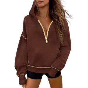 Fisoew Womens Half Zip Hoodies Casual Long Sleeve Oversized Fall Sweatshirts Contrast Stitch Loose Pullover Tops(Coffee)