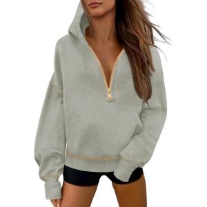 Fisoew Womens Half Zip Hoodies Casual Long Sleeve Oversized Fall Sweatshirts Contrast Stitch Loose Pullover Tops(Light Grey)