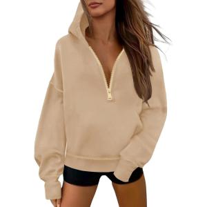 Fisoew Womens Half Zip Hoodies Casual Long Sleeve Oversized Fall Sweatshirts Contrast Stitch Loose Pullover Tops(Light Khaki)