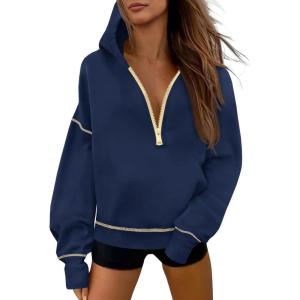 Fisoew Womens Half Zip Hoodies Casual Long Sleeve Oversized Fall Sweatshirts Contrast Stitch Loose Pullover Tops(Navy)
