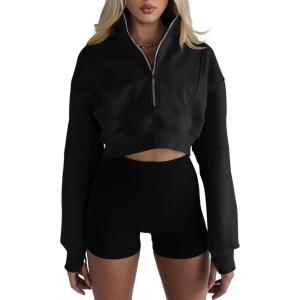 Fisoew Women’s Half Zipper Cropped Sweatshirts Casual Long Sleeve Tops With Thumb Hole(Black)