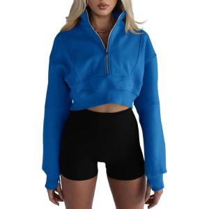 Fisoew Women’s Half Zipper Cropped Sweatshirts Casual Long Sleeve Tops With Thumb Hole(Blue)
