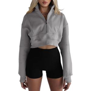 Fisoew Women’s Half Zipper Cropped Sweatshirts Casual Long Sleeve Tops With Thumb Hole(Grey)