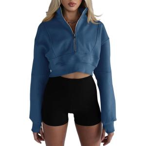 Fisoew Women’s Half Zipper Cropped Sweatshirts Casual Long Sleeve Tops With Thumb Hole(Navy Blue)