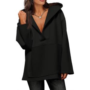 Fisoew Women’s Hoodies Oversized Sweatshirts Casual Fleece V Neck Long Sleeve Hooded Loose Fall Winter Pullover Tops(Black)