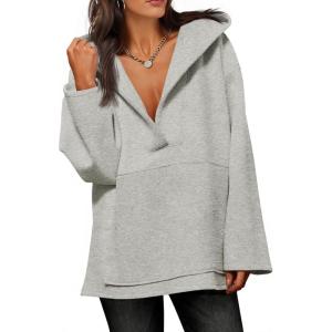 Fisoew Women’s Hoodies Oversized Sweatshirts Casual Fleece V Neck Long Sleeve Hooded Loose Fall Winter Pullover Tops(Grey)