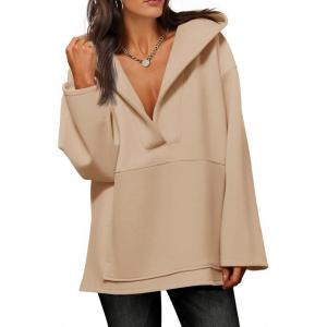 Fisoew Women’s Hoodies Oversized Sweatshirts Casual Fleece V Neck Long Sleeve Hooded Loose Fall Winter Pullover Tops(Khaki)
