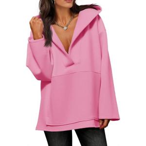 Fisoew Women’s Hoodies Oversized Sweatshirts Casual Fleece V Neck Long Sleeve Hooded Loose Fall Winter Pullover Tops(Pink)