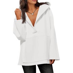 Fisoew Women’s Hoodies Oversized Sweatshirts Casual Fleece V Neck Long Sleeve Hooded Loose Fall Winter Pullover Tops(White)