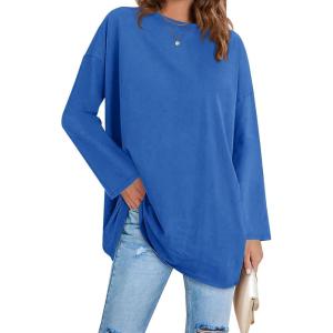 Fisoew Women’s Long Sleeve Oversized T Shirts Loose Casual Crewneck Tunic Tops Soft Blouse(01-blue)