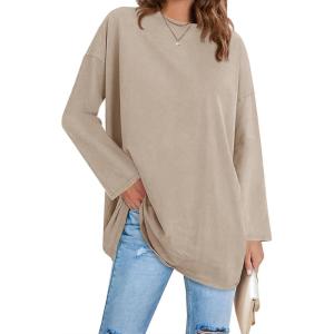 Fisoew Women’s Long Sleeve Oversized T Shirts Loose Casual Crewneck Tunic Tops Soft Blouse(01-khaki)