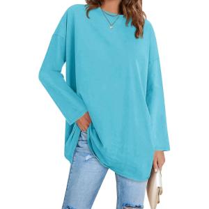 Fisoew Women’s Long Sleeve Oversized T Shirts Loose Casual Crewneck Tunic Tops Soft Blouse(01-lack Blue)