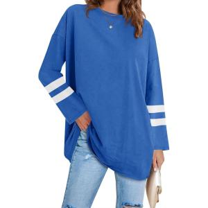 Fisoew Women’s Long Sleeve Oversized T Shirts Loose Casual Crewneck Tunic Tops Soft Blouse(02-blue)