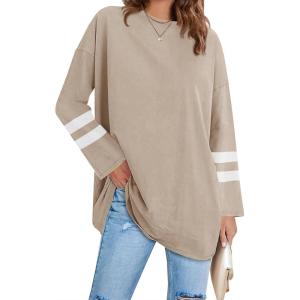 Fisoew Women’s Long Sleeve Oversized T Shirts Loose Casual Crewneck Tunic Tops Soft Blouse(02-khaki)