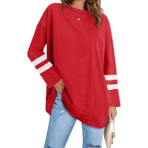 Fisoew Women’s Long Sleeve Oversized T Shirts Loose Casual Crewneck Tunic Tops Soft Blouse(02-red)