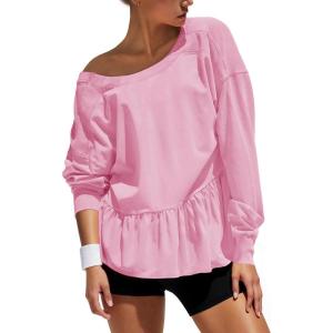 Fisoew Womens Long Sleeve Sweatshirts Crew Neck Peplum Crop Tops Casual Loose Fit Cutout Back Tee Shirts