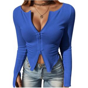 Fisoew Womens Long Sleeve Tops Ribbed Crop Top Double Zip Up Cardigans V Neck Sweater Shirts Fall and Winter 2024(Blue)