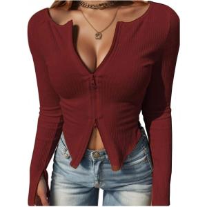 Fisoew Womens Long Sleeve Tops Ribbed Crop Top Double Zip Up Cardigans V Neck Sweater Shirts Fall and Winter 2024(Wine Red)