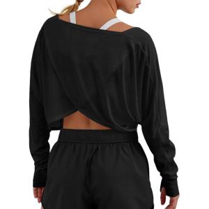 Fisoew Womens Long Sleeve Workout Tops Athletic Shirts Cropped Crossover Back Loose Running Gym Tee with Thumb Holes(Black)