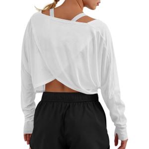 Fisoew Womens Long Sleeve Workout Tops Athletic Shirts Cropped Crossover Back Loose Running Gym Tee with Thumb Holes(White)