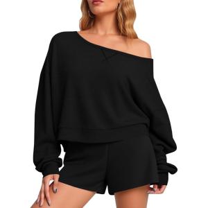 Fisoew Womens Off The Shoulder Crop Tops Casual Long Sleeve Oversized Fall Pullover Sweatshirts(Black)