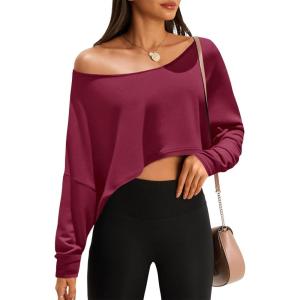 Fisoew Womens Off The Shoulder Cropped Tops Batwing Long Sleeve Loose Fit Summer Boat Neck Workout T Shirts(Burgundy)