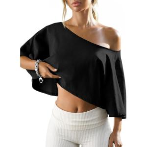 Fisoew Womens Off The Shoulder Cropped Tops Batwing Short Sleeve Workout Shirts Asymmetrical Neck Summer Casual T Shirts(Black)
