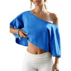 Fisoew Womens Off The Shoulder Cropped Tops Batwing Short Sleeve Workout Shirts Asymmetrical Neck Summer Casual T Shirts(Blue)