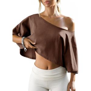 Fisoew Womens Off The Shoulder Cropped Tops Batwing Short Sleeve Workout Shirts Asymmetrical Neck Summer Casual T Shirts(Brown)