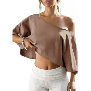 Fisoew Womens Off The Shoulder Cropped Tops Batwing Short Sleeve Workout Shirts Asymmetrical Neck Summer Casual T Shirts(Khaki)