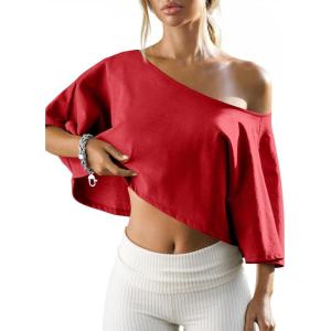 Fisoew Womens Off The Shoulder Cropped Tops Batwing Short Sleeve Workout Shirts Asymmetrical Neck Summer Casual T Shirts(Red)