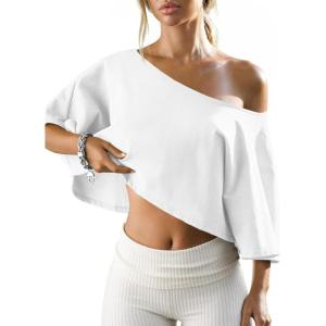 Fisoew Womens Off The Shoulder Cropped Tops Batwing Short Sleeve Workout Shirts Asymmetrical Neck Summer Casual T Shirts(White)