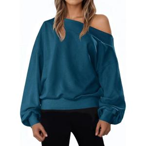Fisoew Women’s Off The Shoulder Sweatshirt Casual Long Sleeve Loose Fit Fall Pullover Top(Lake Blue)
