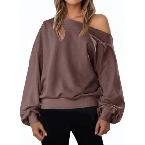 Fisoew Women’s Off The Shoulder Sweatshirt Casual Long Sleeve Loose Fit Fall Pullover Top(Light Coffee)
