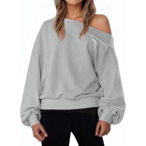 Fisoew Women’s Off The Shoulder Sweatshirt Casual Long Sleeve Loose Fit Fall Pullover Top(Light Grey)