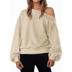 Fisoew Women’s Off The Shoulder Sweatshirt Casual Long Sleeve Loose Fit Fall Pullover Top(Light Khaki)