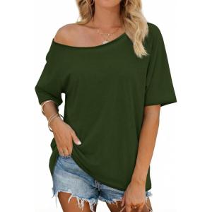 Fisoew Womens Off The Shoulder Tops Oversized Short Sleeve T-Shirts 2026 Summer Spring Casual Fashion Tees(Army Green)