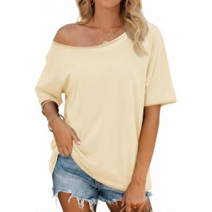 Fisoew Womens Off The Shoulder Tops Oversized Short Sleeve T-Shirts 2026 Summer Spring Casual Fashion Tees(Beige)