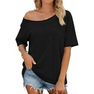 Fisoew Womens Off The Shoulder Tops Oversized Short Sleeve T-Shirts 2026 Summer Spring Casual Fashion Tees(Black)