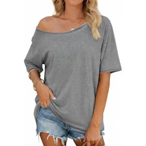 Fisoew Womens Off The Shoulder Tops Oversized Short Sleeve T-Shirts 2026 Summer Spring Casual Fashion Tees(Grey)