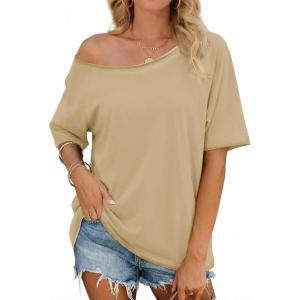 Fisoew Womens Off The Shoulder Tops Oversized Short Sleeve T-Shirts 2026 Summer Spring Casual Fashion Tees(Khaki)