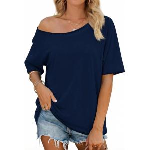 Fisoew Womens Off The Shoulder Tops Oversized Short Sleeve T-Shirts 2026 Summer Spring Casual Fashion Tees(Navy)