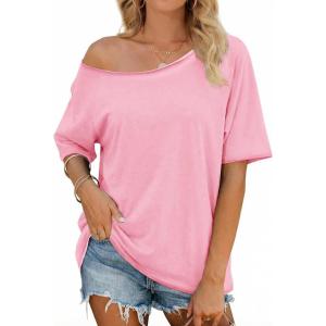 Fisoew Womens Off The Shoulder Tops Oversized Short Sleeve T-Shirts 2026 Summer Spring Casual Fashion Tees(Pink)